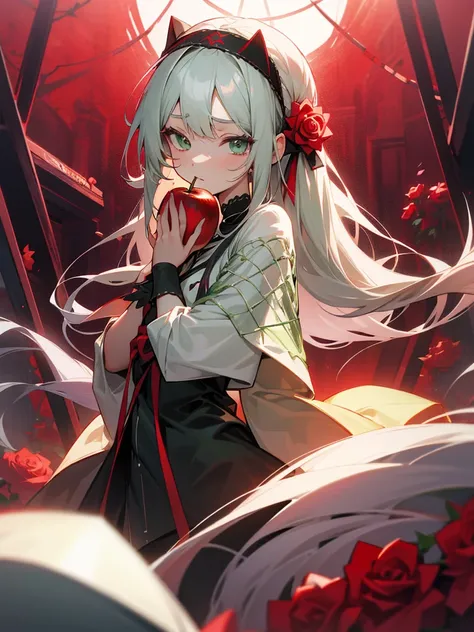 Bite an apple、Silver long-haired、Calm face、Light green eyes、
黒Rose miniskirt dress、Crimson Headband、virgin、
Rose Garden、Barbed wire