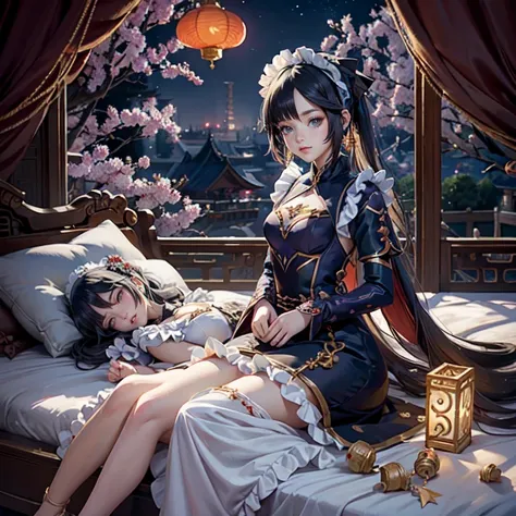 Mona_(genshin impact), 1girl, white roses, ornament hair, roses on her hair, maid, maid dress, maid headdress, maid apron, black hair, long hair, laying down on the bed, bedroom scene, Chinese maid dress, gold lantern, navy dress, more details on her cloth...