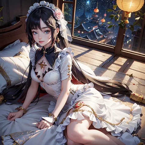 Mona_(genshin impact), 1girl, white roses, ornament hair, roses on her hair, maid, maid dress, maid headdress, maid apron, black hair, long hair, laying down on the bed, bedroom scene, Chinese maid dress, gold lantern, navy dress, more details on her cloth...