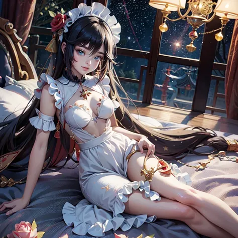 Mona_(genshin impact), 1girl, white roses, ornament hair, roses on her hair, maid, maid dress, maid headdress, maid apron, black hair, long hair, laying down on the bed, bedroom scene, Chinese maid dress, gold lantern, navy dress, more details on her cloth...