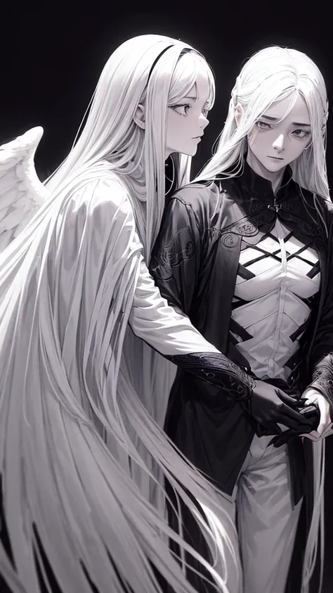 Draw me anime of a mature woman with long white hair,she had a red eye,beside her there was a muscular man with short hair colour black,and black wings behind him. Theyre hugged each other, background aesthetic behind them,(masterpiece, top quality, best q...