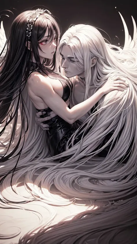 Draw me anime of a mature woman with long white hair,she had a red eye,beside her there was a muscular man with short hair colour black,and black wings behind him. Theyre hugged each other, background aesthetic behind them,(masterpiece, top quality, best q...