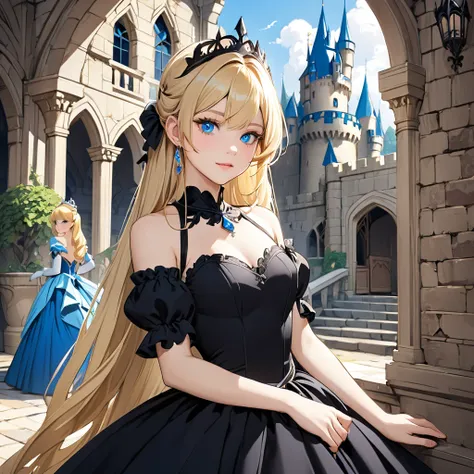 princess in a castle. blonde hair, blue eyes and black dress. 