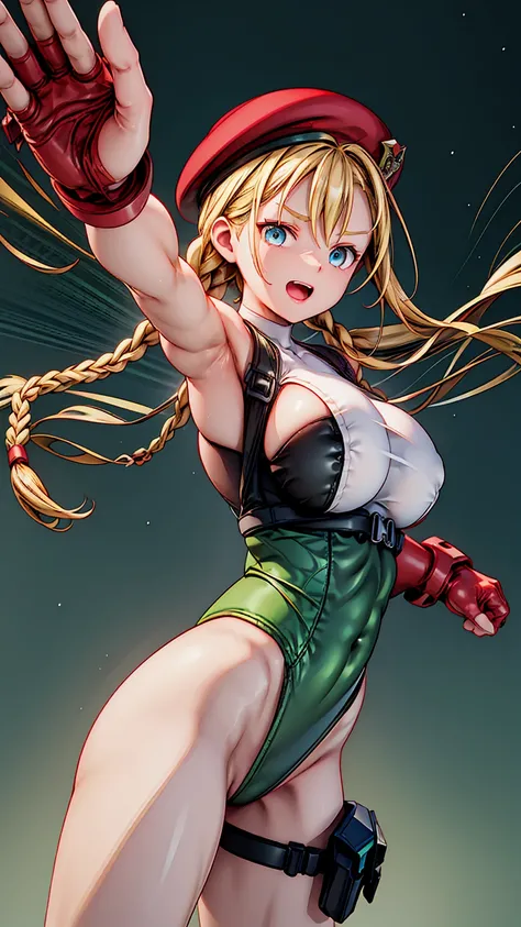 Super detailed、Highest quality、Best image quality、masterpiece、8k、(SF5Cammy)、Cowboy Shot、(shoulder-length blonde braids)、(laugh:1.3、Open Mouth) 、(cheerful)、(tareme)、(tareme)、(big eyes)、(Beautiful bright blue eyes)、(High Detail Anime Eyes)、(puffy eyes)、(Big ...