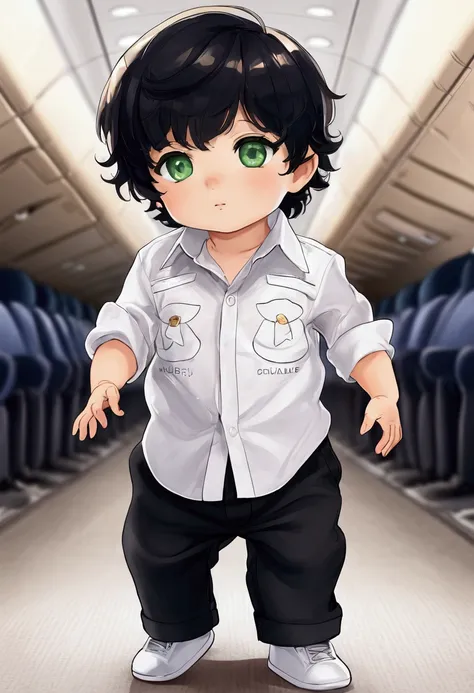 1 year old baby, gender , green eyes, wavy black hair, nice and small, clothes:an airplane-shaped shirt and airplane-shaped pant...