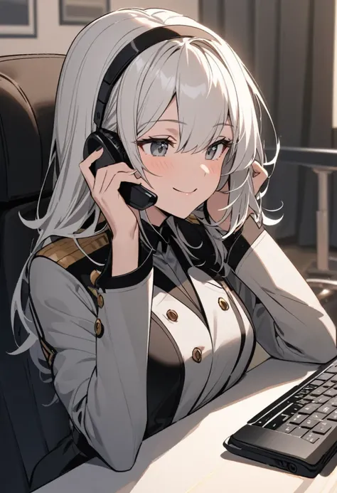 A white-haired young woman with gray paint on wearing an elegant military suit with black accents. She is smiling smugly while chatting on the phone 