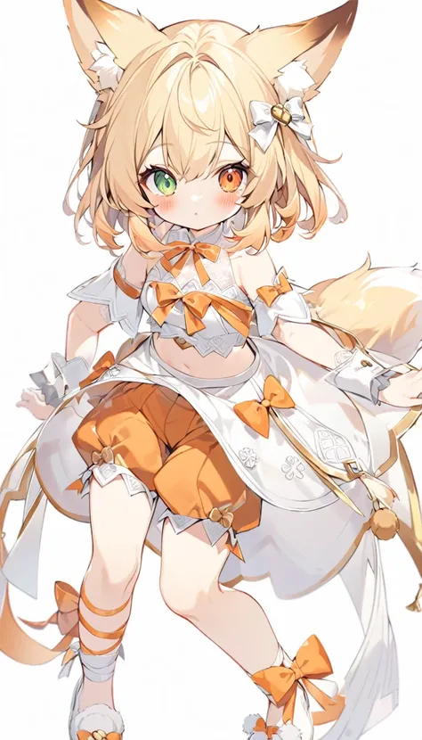 The fox girl,1girl,short hair, The hairstyle is like Klees,animal ears, bangs, bare shoulders, blonde hair, blush, bow, breasts, white cleavage, cropped torso, , green eyes, hair ribbon, heterochromia, , looking at viewer, , orange bow, orange eyes, orange...