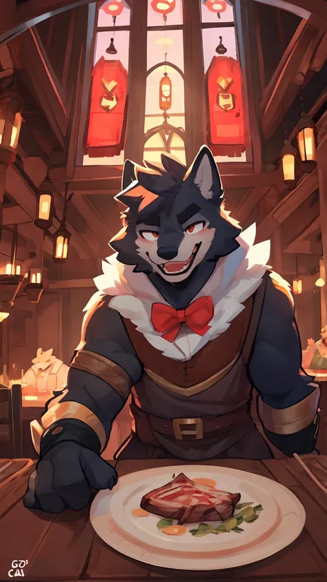 Solo, male,  in tavern, by bigcozyorca, by goonie-san, by bebebebebe, by spikedmauler, facing viewer, red, black fur, wolf, bushy tail, buff, adventurer armor, fantasy tavern background, open mouth, detailed mouth, closed mouth grin, drooling over fancy di...