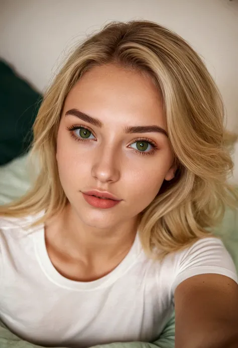 a beautiful 20 blonde girl with brown/green eyes, lying on her bed, taking a cute selfie picture, perfect body proportion, wearing a top shirt, detailed facial features, flawless skin, natural lighting, warm tones, 1girl, detailed face, masterpiece, detail...