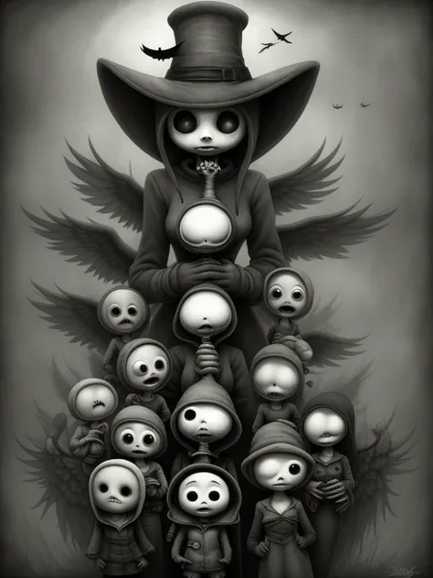 women angel wings with cartoon characters dressed in coats and hats , Anton Semenov, Machinarium Characters, dot pupils, Three eyes, Six of Little Nightmares, 3 heads, Three heads, creepy smiles, Three eyes, gloomy, por Yi Inmun, Lt. Tadeusz Brzozowski, fe...