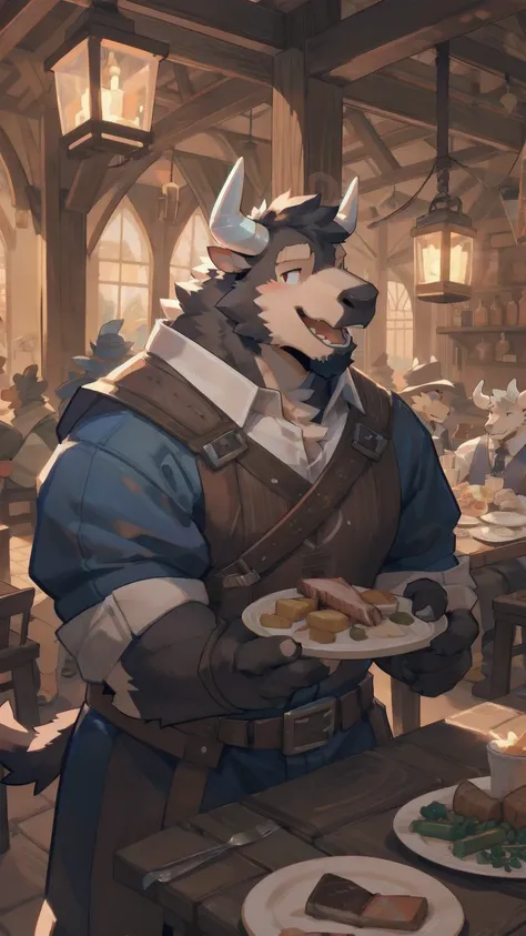 Solo, male,  in tavern, by bigcozyorca, by goonie-san, by bebebebebe, by spikedmauler, facing viewer, red, black fur, bull, bushy tail, buff, adventurer armor, fantasy tavern background, open mouth, detailed mouth, closed mouth grin, drooling over fancy di...