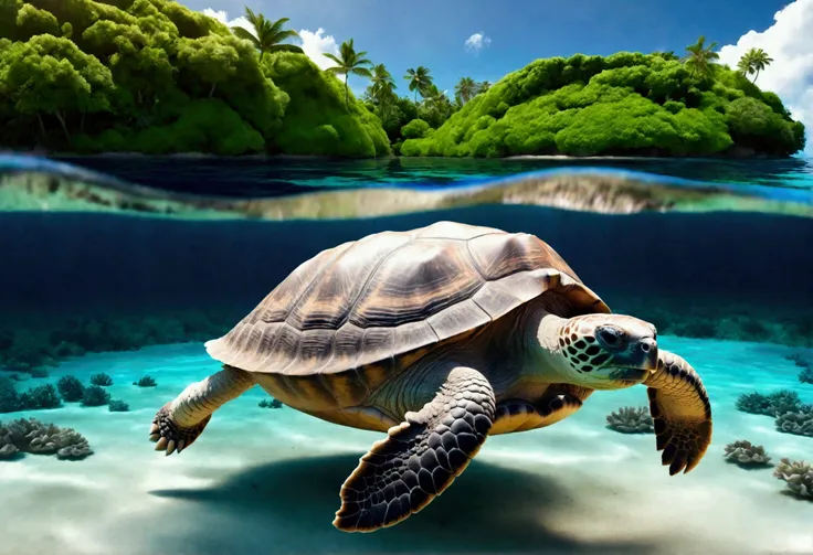 a giant tortoise swimming peacefully in a calm, tropical ocean, with a lush, verdant island resting atop its back, (best quality...