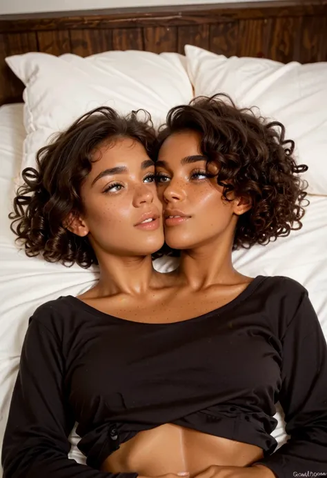 beautiful lighting, (1girl: curly hair, short hair),  black pajamas, tan skin, freckles, twoheads, in bed, laying on back, ((hea...