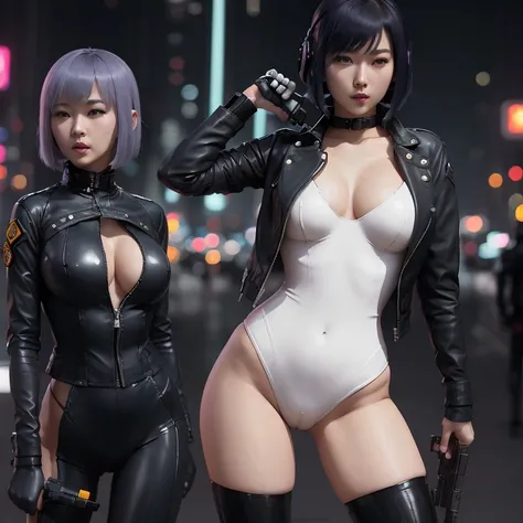 High resolution photo of a woman、Beautiful woman in a bare-chested white leotard、Dark blue bob hair、bangs、stockings、High heel boots、Holds a gun from the future、Black leather jacket、Army Jacket、ghost in the Shell、Motoko Kusanagi、City of the Future、Wear a be...