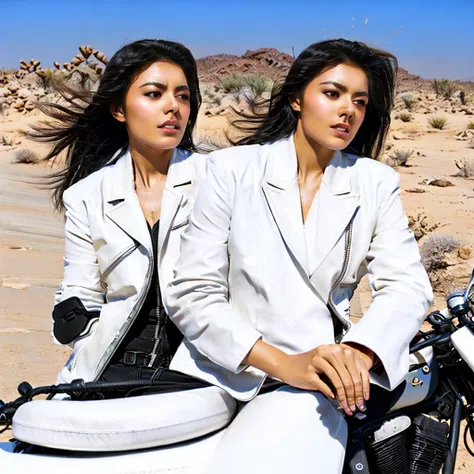 atractive black eoman with white leather suit, riding a large displacement motorcycle, wavy hair loose in the wind, desert road ...