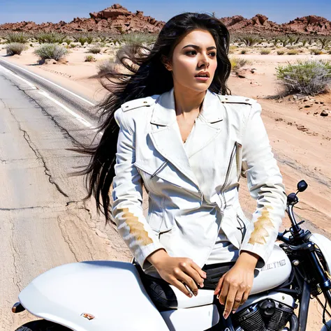 atractive black eoman with white leather suit, riding a large displacement motorcycle, wavy hair loose in the wind, desert road ...