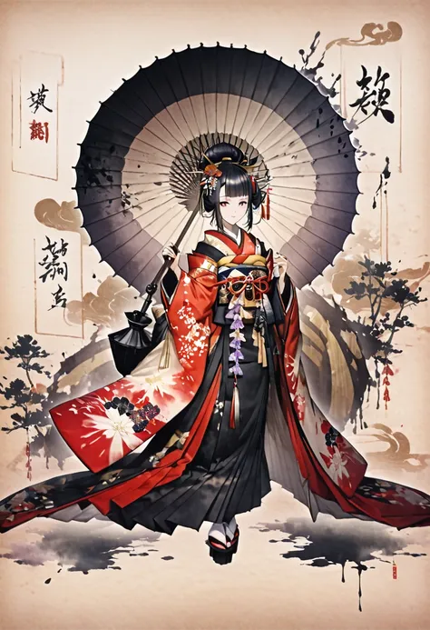 ink and ink painting,black and white painting,splash,,whole body,oiran,(gorgeous costumes,kimono,kimono,)oiranの髪飾り,beautiful det...