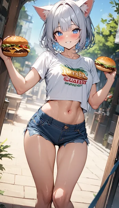 (((best quality)), ((masterpiece)), (details), masterpiece, best quality, high quality, ulutra detailed, perfect face, ((1girl, blue eyes, cat ears: 1.3 silver bob hair: 2.5,)) 、Shiny Hair、Glowing Skin、blush、Lustful look、smile、Eat a cheeseburger with both ...