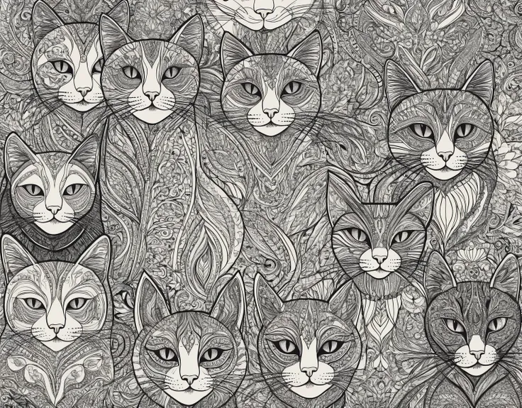 All motifs have a black line edge, colorful cats drawing style