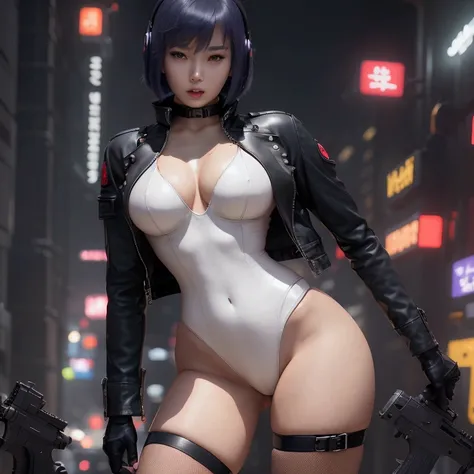 High resolution photo of a woman、Beautiful woman in a bare-chested white leotard、Dark blue bob hair、bangs、stockings、High heel boots、Holds a gun from the future、Black leather jacket、Army Jacket、ghost in the Shell、Motoko Kusanagi、City of the Future、Wear a be...