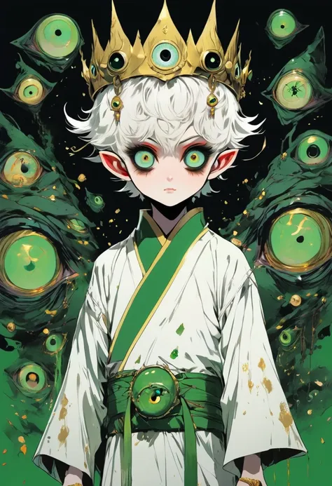 Japanese Anime，Second Dimension，Horror style，horror character，(((Three-eyed boy，独奏，third eye on the forehead，Dark eyeshadow，White short hair，Elf ears，Exaggerated golden crown-eyeball decoration))),(((Wrapped in bandages))).(((Thin waist，Green belt：1.6))).