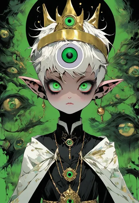 Japanese Anime，Second Dimension，Horror style，horror character，(((Three-eyed boy，独奏，third eye on the forehead，Dark eyeshadow，White short hair，Elf ears，Exaggerated golden crown-eyeball decoration))),(((Wrapped in bandages))).(((Thin waist，Green belt：1.6))).