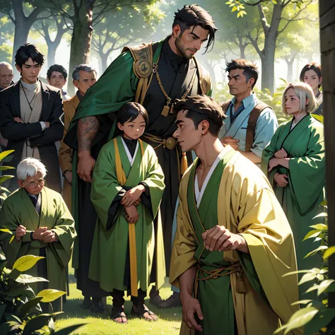 A scene of a respected man wearing a green advocate outfit, surrounded by people who admire and respect him. He stands at the center, projecting wisdom and confidence, with a gentle yet determined expression on his face. The background features a peaceful ...