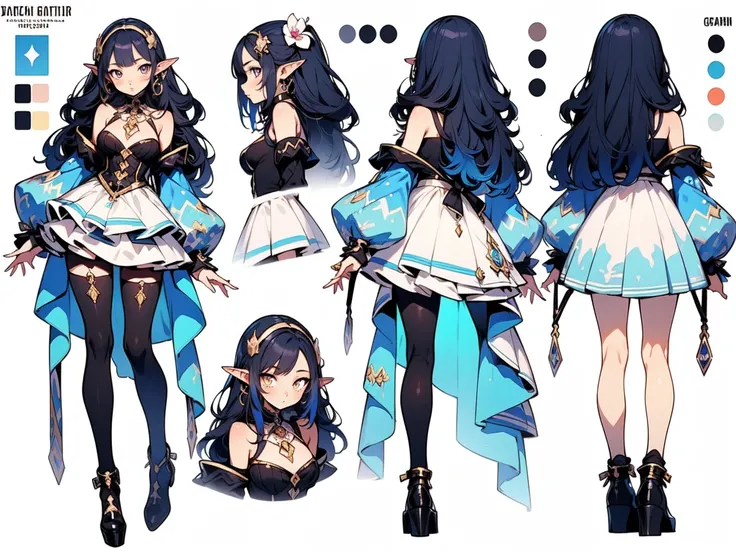 beautiful character design, best quality, anime woman, pastel color, elf ears, long black hair, clothing details with orchids, yellow eyes, vtuber, phoenix based, dark blue color, turquoise, white body clothes, saturated colors, expressive, vtuber, ,((blac...