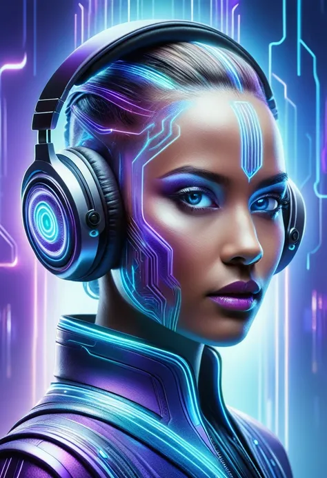 A highly detailed and vibrant image of a futuristic female DJ with headphones. The DJs face is serene, with a mix of human and ethereal elements, glowing in shades of blue and purple. The background should be transparent, focusing solely on the DJ.
