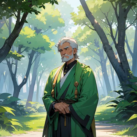 A scene of a respected man wearing a green advocate outfit, surrounded by people who admire and respect him. He stands at the center, projecting wisdom and confidence, with a gentle yet determined expression on his face. The background features a peaceful ...