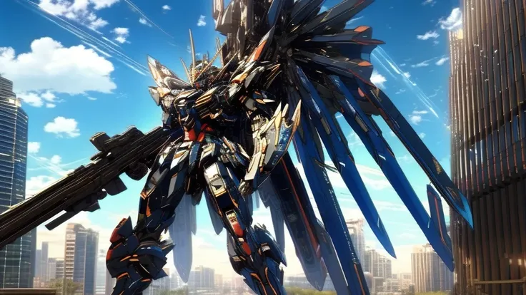 best quality, masterpiece, highly detailed, ultra-detailed,(blue sky:1.1), cloud, holding_weapon, a (((mecha))) with sleek and menacing design, (mecha armor:1.5),glowing ,heroic parts, mechanical parts, (long legs:1.5),robot joints,(huge shield:1.2),(battl...