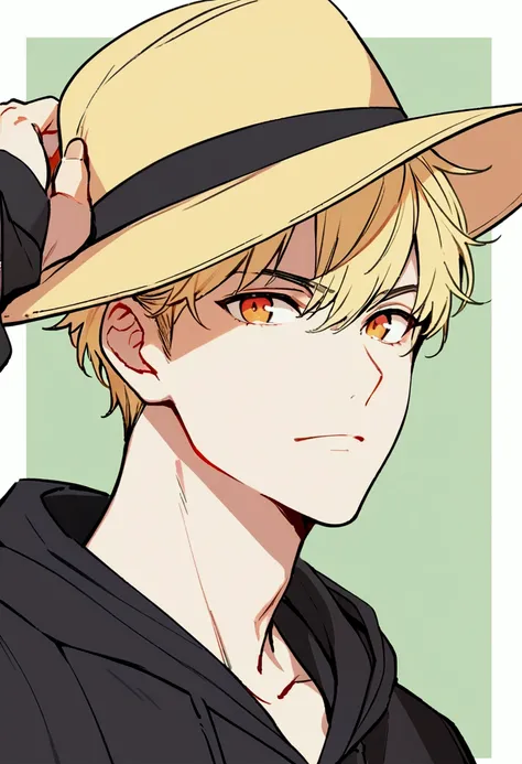 Handsome young man, blond, Orange Eyes, short hair,  Black Hoodie, Put on your hat,high quality, Draw Amount, pixiv illustrations