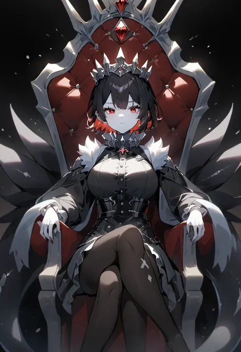 a sitting anime girl，queen，short hair，red eyes，big breasts，black pantyhose，gem，high and cold，hands at your sides，throne，black sh...