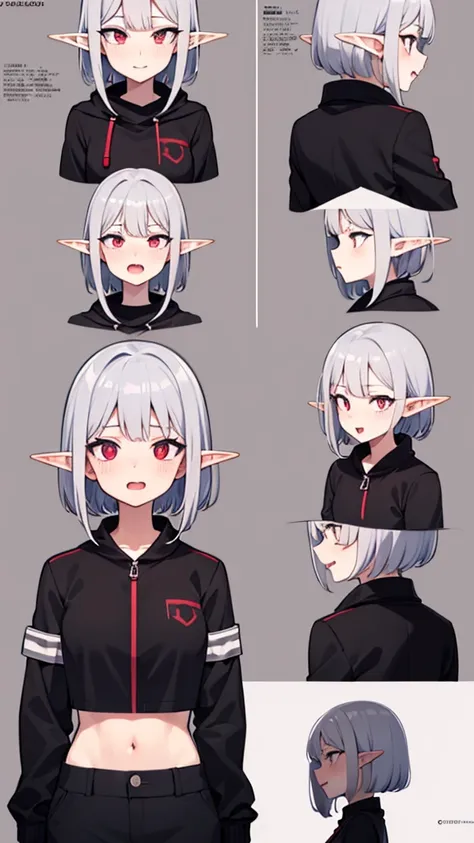 anime girl, grey hair, long hair, short hair, straight hair, bob cut, dilated pupils, devil pupils, open mouth, embarrassed, blu...