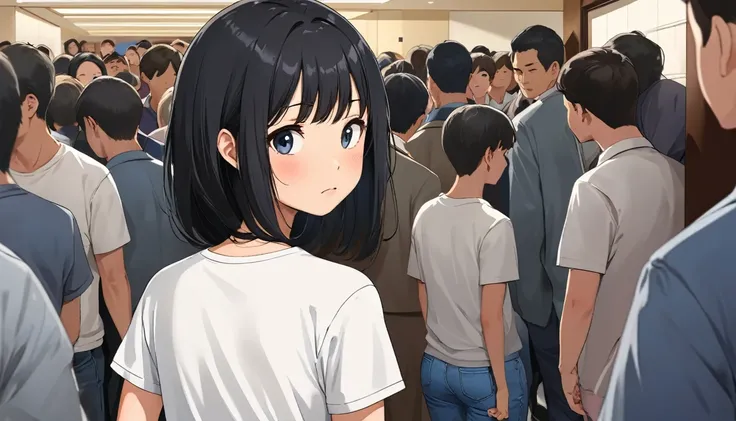 Anime-style scene of a young Asian woman, 20, with black hair, wearing a white T-shirt and blue denim shorts, hiding in the corner near the hotel entrance, surrounded by a busy crowd