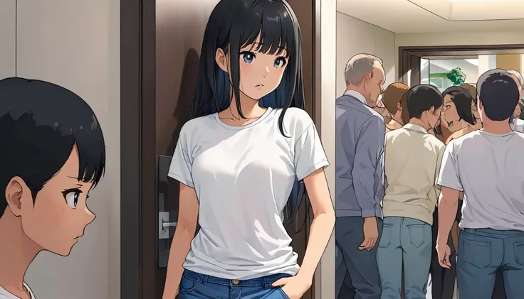 Anime-style scene of a young Asian woman, 20, with black hair, wearing a white T-shirt and blue denim shorts, hiding in the corner near the hotel entrance, surrounded by a busy crowd