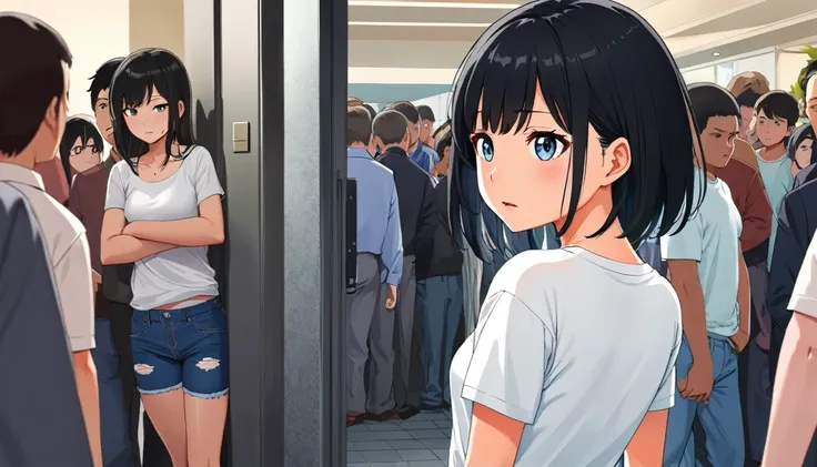 Anime-style scene of a young Asian woman, 20, with black hair, wearing a white T-shirt and blue denim shorts, hiding in the corner near the hotel entrance, surrounded by a busy crowd