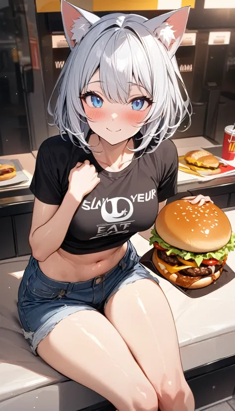 (((best quality)), ((masterpiece)), (details), masterpiece, best quality, high quality, ulutra detailed, perfect face, ((1girl, blue eyes, cat ears: 1.3 silver bob hair: 2.5,)) 、Shiny Hair、Glowing Skin、blush、Lustful look、smile、Eat a cheeseburger with both ...