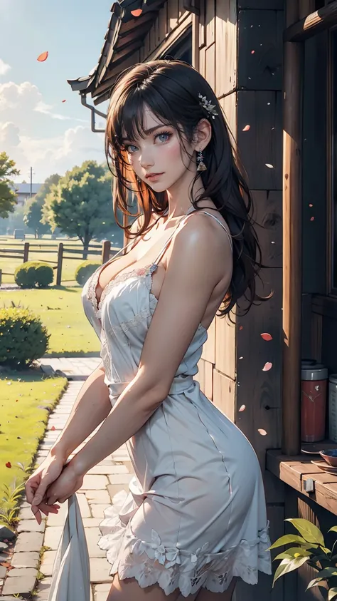 Realistic, Genuine, Beautiful and stunning landscape oil painting Studio Ghibli Hayao Miyazaki Petals Grassland Blue Sky Grassland Country Road,building, --v6、24-year-old female、Sexy proportions、erotic、Summer dress with lace decoration、Mules、