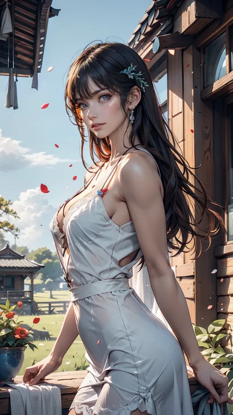 Realistic, Genuine, Beautiful and stunning landscape oil painting Studio Ghibli Hayao Miyazaki Petals Grassland Blue Sky Grassland Country Road,building, --v6、24-year-old female、Sexy proportions、erotic、Summer dress with lace decoration、Mules、