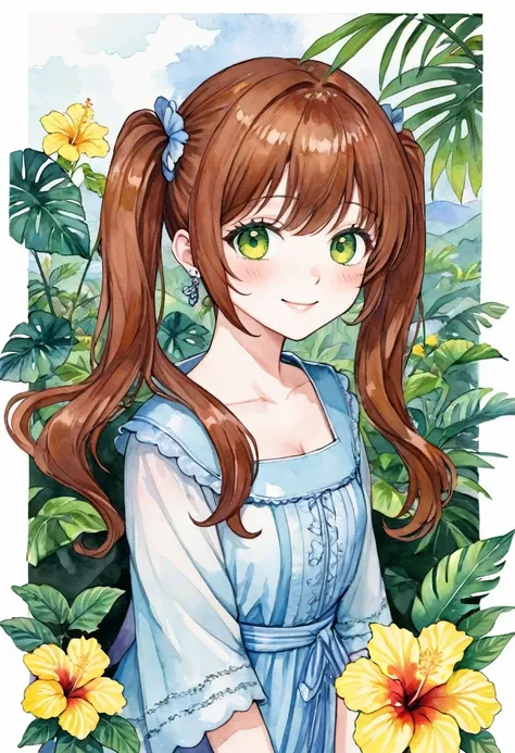 ((masterpiece)), ((Highest quality)), (watercolor:1.5),One girl, alone, Light blue long hair、Twin tails、flower, hibiscus, freckles, smile, leaf, bangs, sign, yellow flower, Brown Hair, Long Hair, Green Eyes, Hair between the eyes, flower earring, Cumulonim...