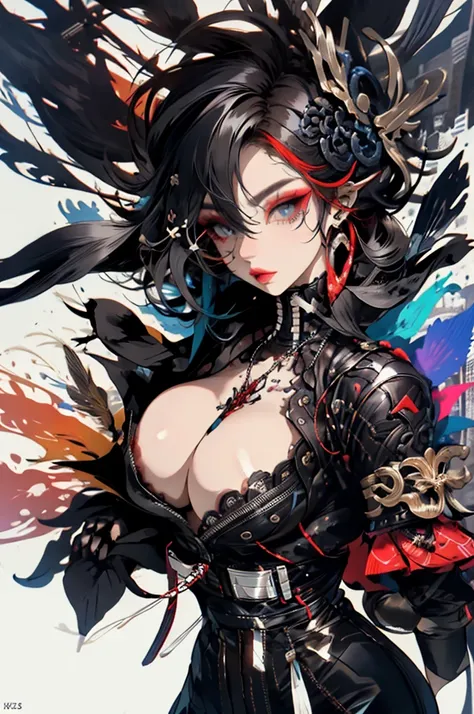 ((NSFW:1.2, Vulgar, beautiful tits:1.2, nipples:1.2)),(masterpiece:1.2, best quality), (real picture, intricate details), (1lady, solo, full body, big breasts) The clothes ar：avant-garde，avant-garde，Experiment with appearance：curlies，Dramatic makeup，Unconv...