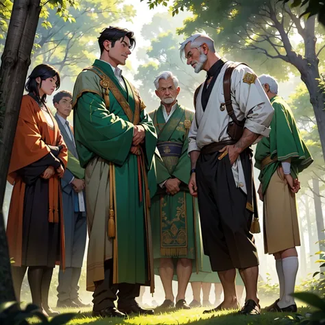 A scene of a respected man wearing a green advocate outfit, surrounded by people who admire and respect him. He stands at the center, projecting wisdom and confidence, with a gentle yet determined expression on his face. The background features a peaceful ...