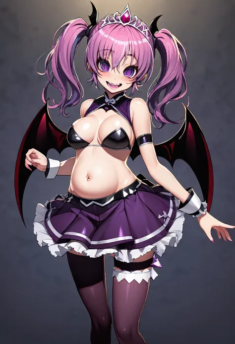 Cure Happy, Twin tails, Devil Wing Hair Ornament, skirt, tiara, Wrist cuff, Dark purple shorts, shorts under skirt, boots, , Hollow Eyes, Half-closed eyes, Wicked Smile, Crazy Smile, Open your mouth, One girl, Dark Magical Girl,Evil Fallen Magical Girl,Dar...