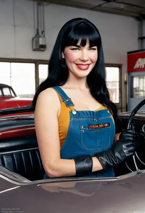 solo lovely smiling Bettie Page,, inside a car repairing shop, working on a motor,(highest quality texture), film quality, Mechanics overalls dirty with grease, boot,tight leather gloves, gorgeous rembranndt like lighting, (Rembrandt patch), (highest quali...