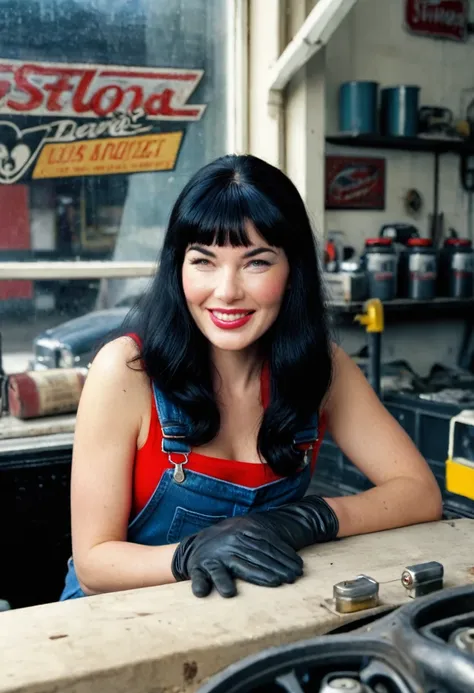 solo lovely smiling Bettie Page,, inside a car repairing shop, working on a motor,(highest quality texture), film quality, Mechanics overalls dirty with grease, boot,tight leather gloves, gorgeous rembranndt like lighting, (Rembrandt patch), (highest quali...