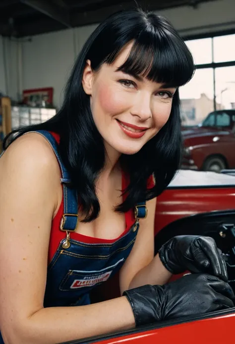 solo lovely smiling Bettie Page,, inside a car repairing shop, working on a motor,(highest quality texture), film quality, Mechanics overalls dirty with grease, boot,tight leather gloves, gorgeous rembranndt like lighting, (Rembrandt patch), (highest quali...