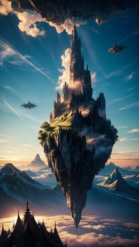 a mysterious floating island in the sky, people freely flying around, cinematic lighting, ethereal atmosphere, vibrant colors, highly detailed, photorealistic, 8k,best quality,masterpiece,concept art,fantasy,sci-fi,dramatic,dynamic,epic