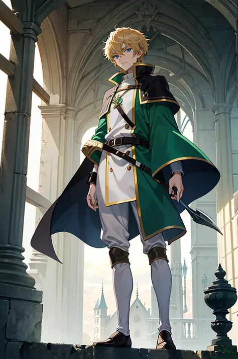 a closeup of a person standing on a ledge with a castle in the background, dry, tall anime boy with blue eyes, young blond, , Fancy, thief, male blonde ranger, beautiful androgynous prince, anime key art, kvothe of Name of the wind, male anime character, h...