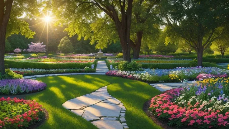 Imagine a serene and inspiring scene in a peaceful, well-kept garden, where nature exudes peace and beauty. The morning sun casts its gentle rays through the treetops, creating patterns of light and shadow on the ground covered in green grass.

In the cent...